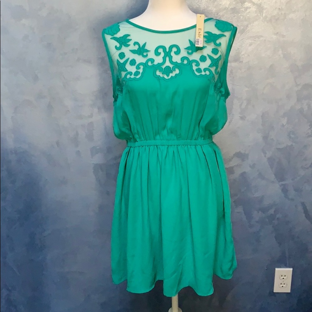 NWT Esley Teal Blue Dress w/ Lace Front & Pockets